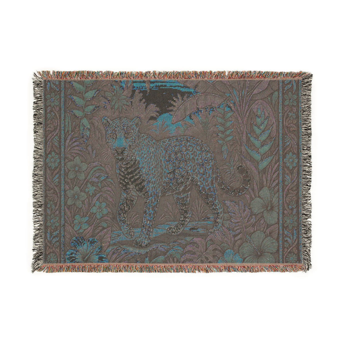 Jungle Leopard Woven Blanket | Tropical Floral Tapestry Throw