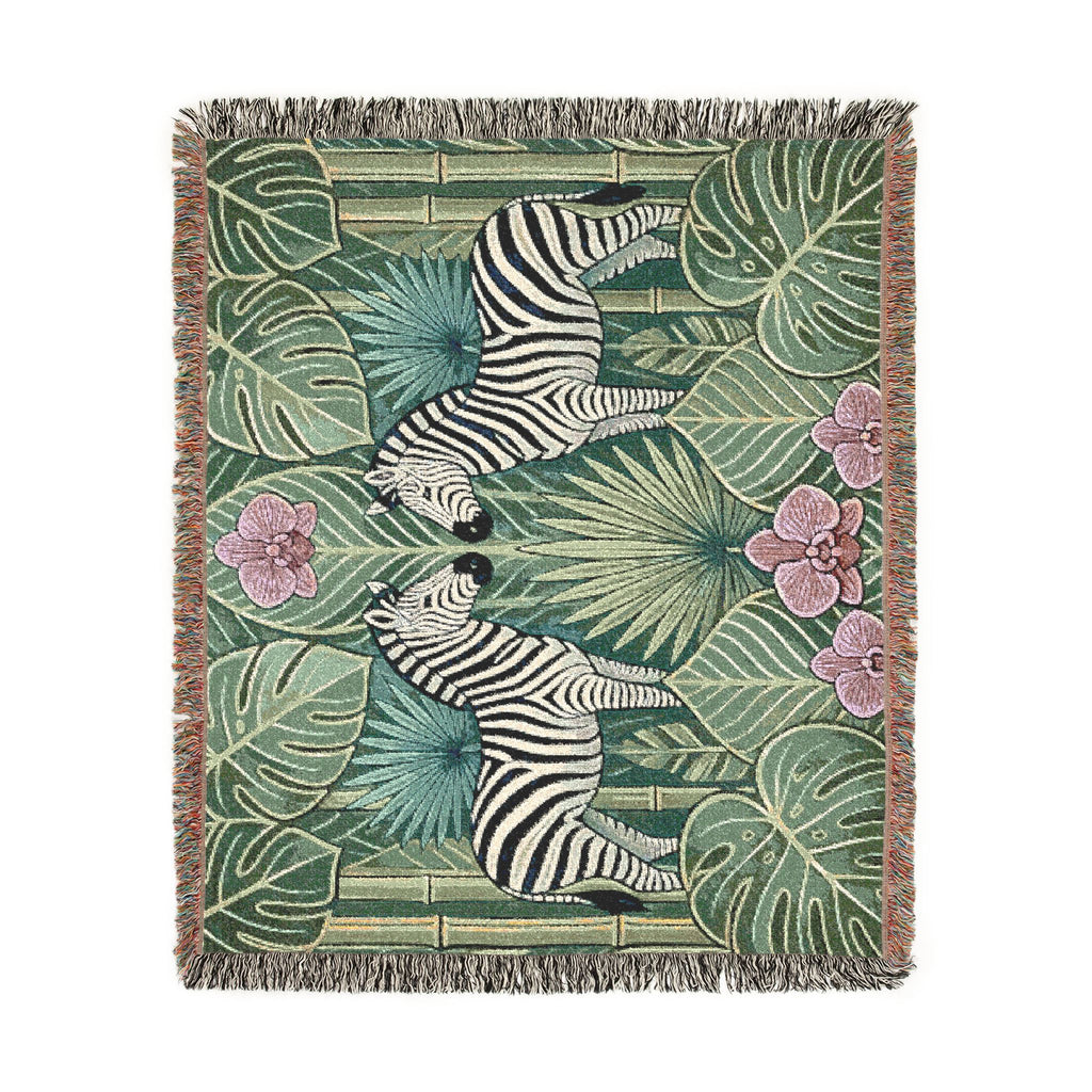 Art Deco Zebra Tapestry Woven Blanket | Jungle Palm Motif
