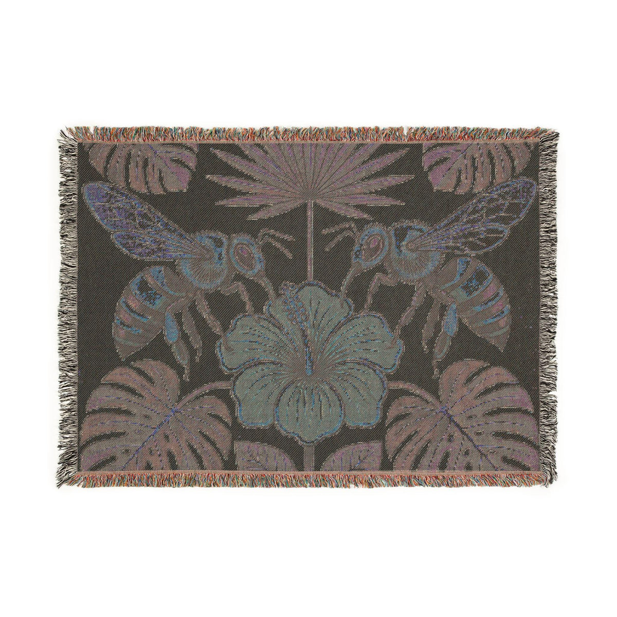 Hibiscus and Bees Woven Blanket | Tropical Floral Throw