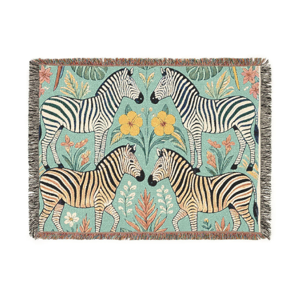 Zebra Folk Art Woven Blanket | Decorative Animal Throw, Boho Safari Pattern