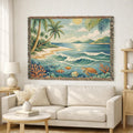 Tropical Beach Scene Woven Blanket | Ocean, Palm Trees, Coral Reef