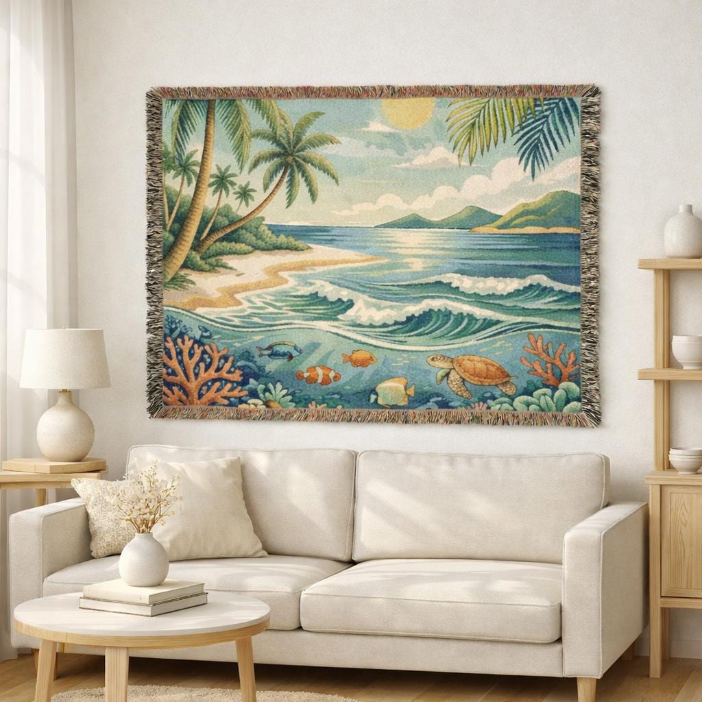 Tropical Beach Scene Woven Blanket | Ocean, Palm Trees, Coral Reef