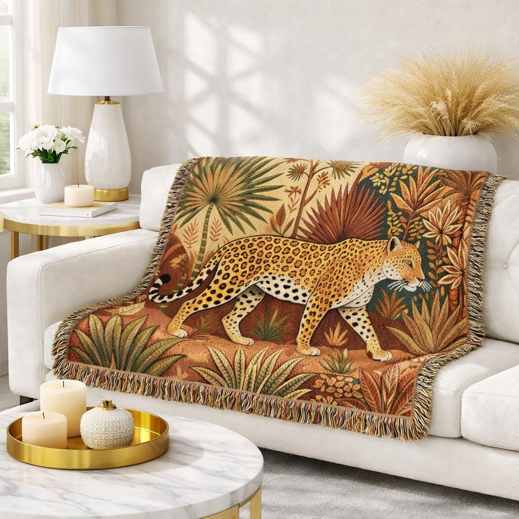 Leopard Jungle Tapestry Woven Blanket | Vintage Botanical Animal Throw