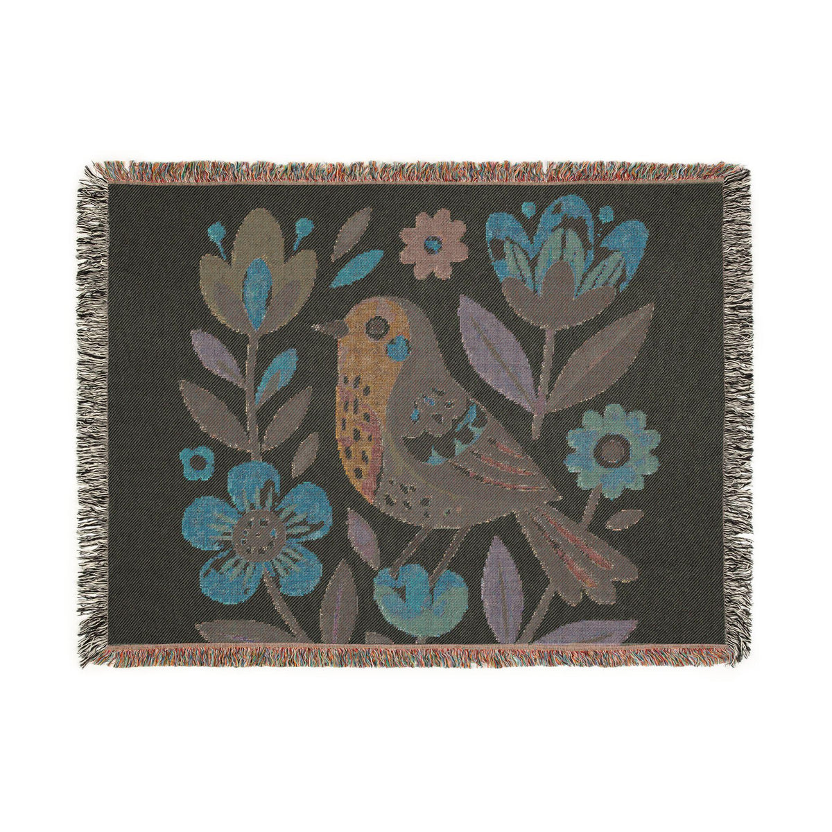 Folk Bird Floral Woven Blanket | Tapestry Throw with Cottagecore Flowers