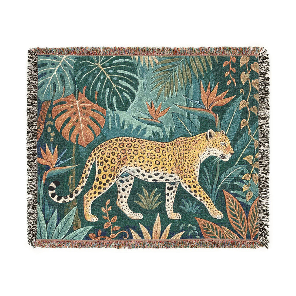 Leopard Jungle Tapestry Woven Blanket | Tropical Leaves, Botanical Throw