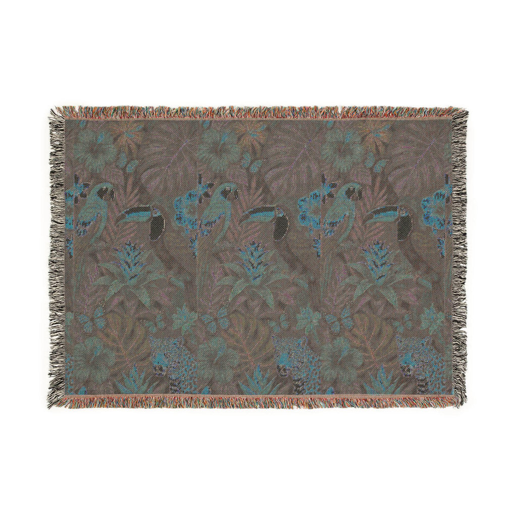 Tropical Toucan Floral Woven Blanket | Jungle Leaves Tapestry Throw