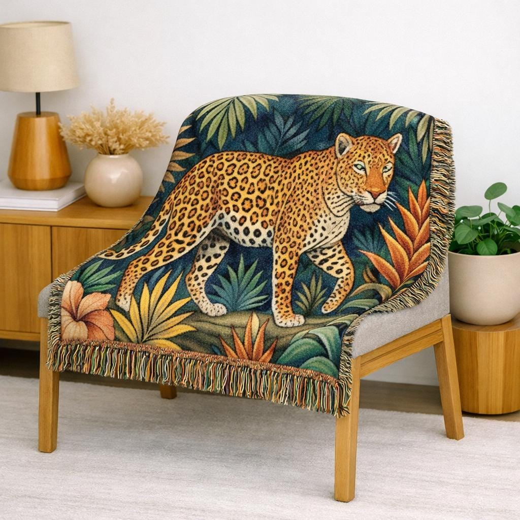 Leopard Jungle Tapestry Woven Blanket | Botanical Animal Throw