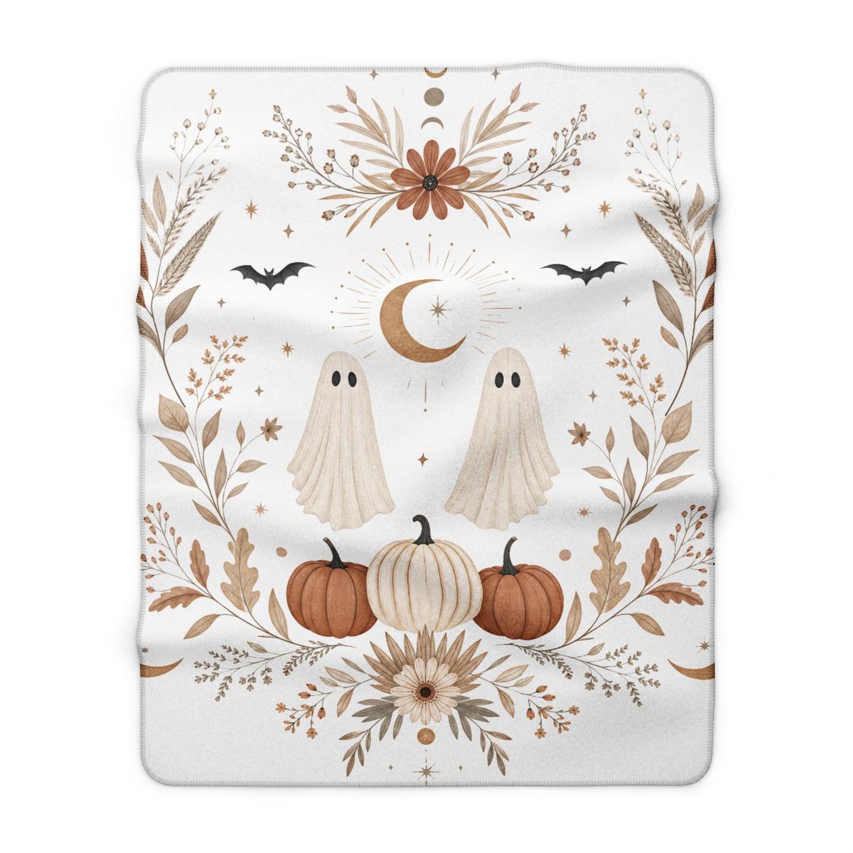 Fall Ghosts Pumpkin Floral Sherpa Fleece Blanket | Halloween Cozy Throw
