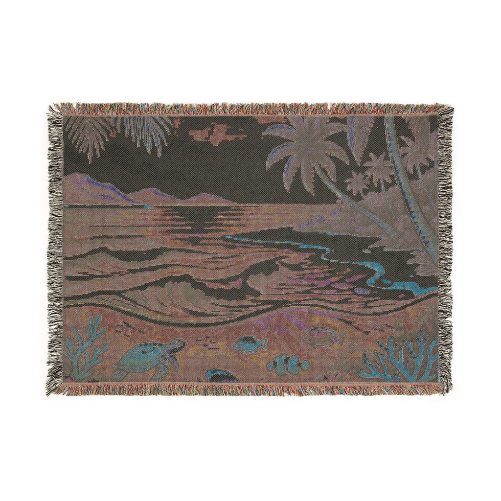 Tropical Beach Scene Woven Blanket | Ocean, Palm Trees, Coral Reef