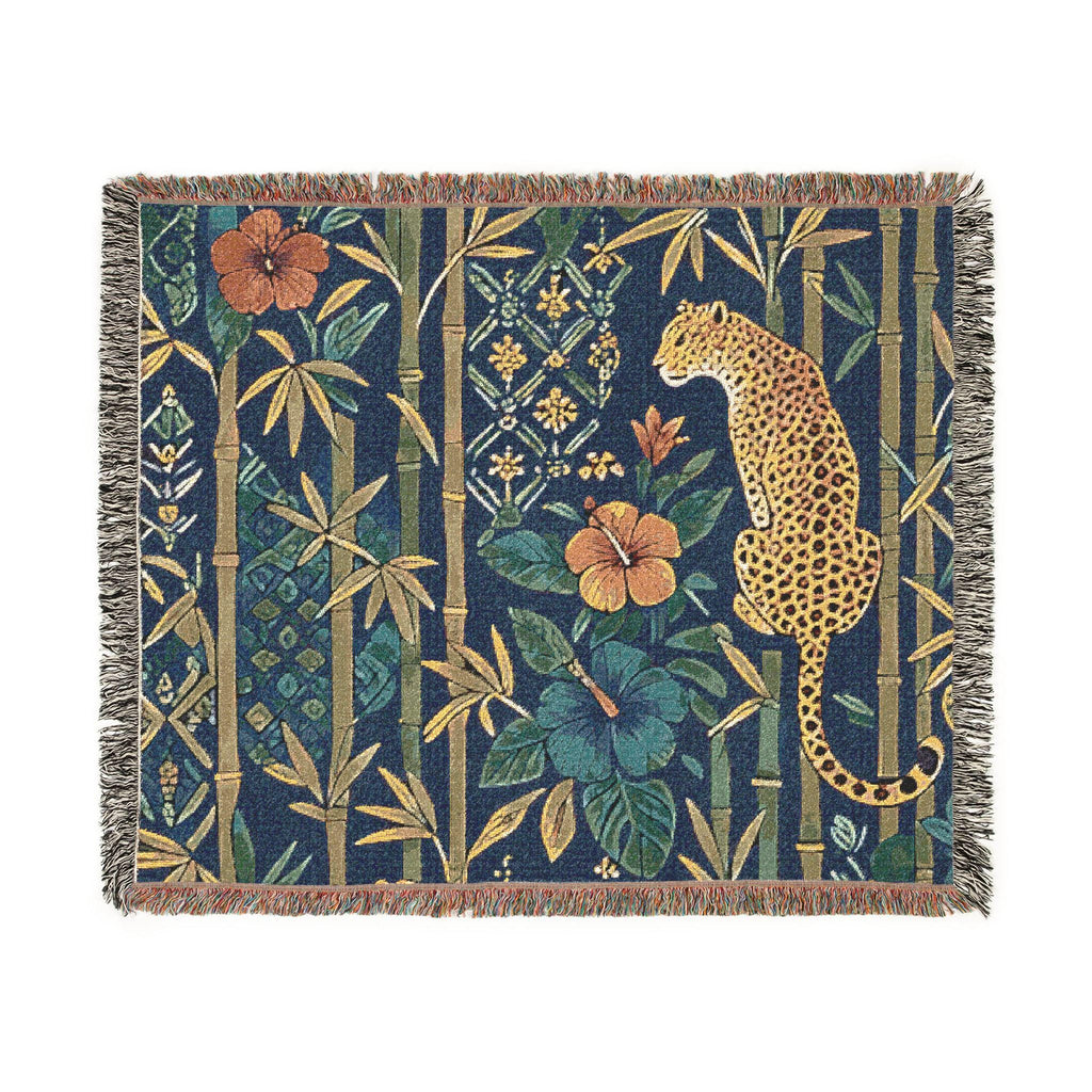 Golden Leopard Floral Woven Blanket | Tropical Bamboo Throw