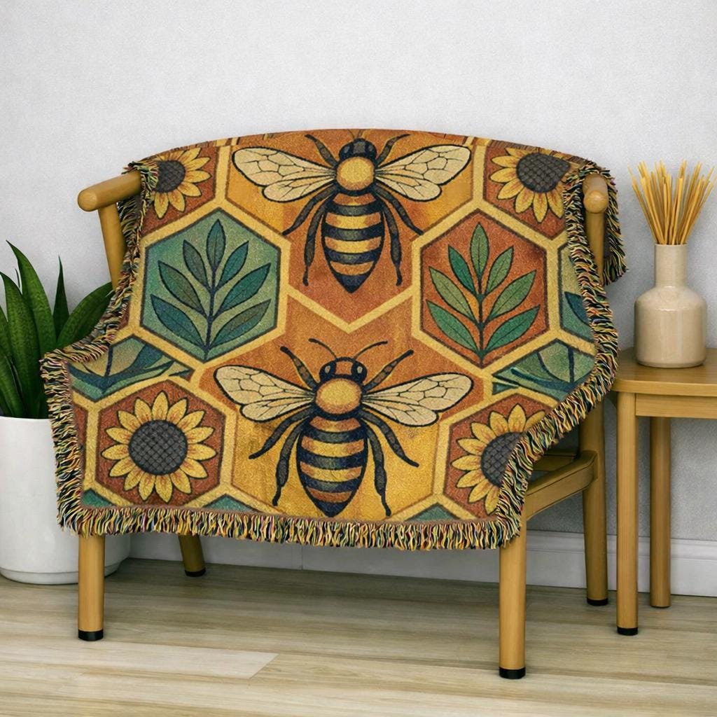 Bee and Sunflower Hexagon Woven Blanket | Honeybee Tapestry Throw