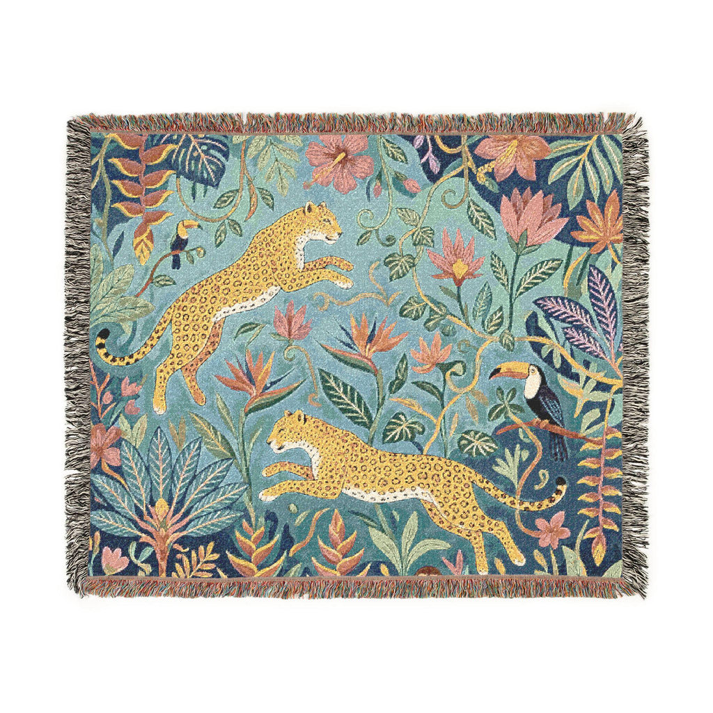 Leopard Jungle Tapestry Woven Blanket | Botanical Animal Throw