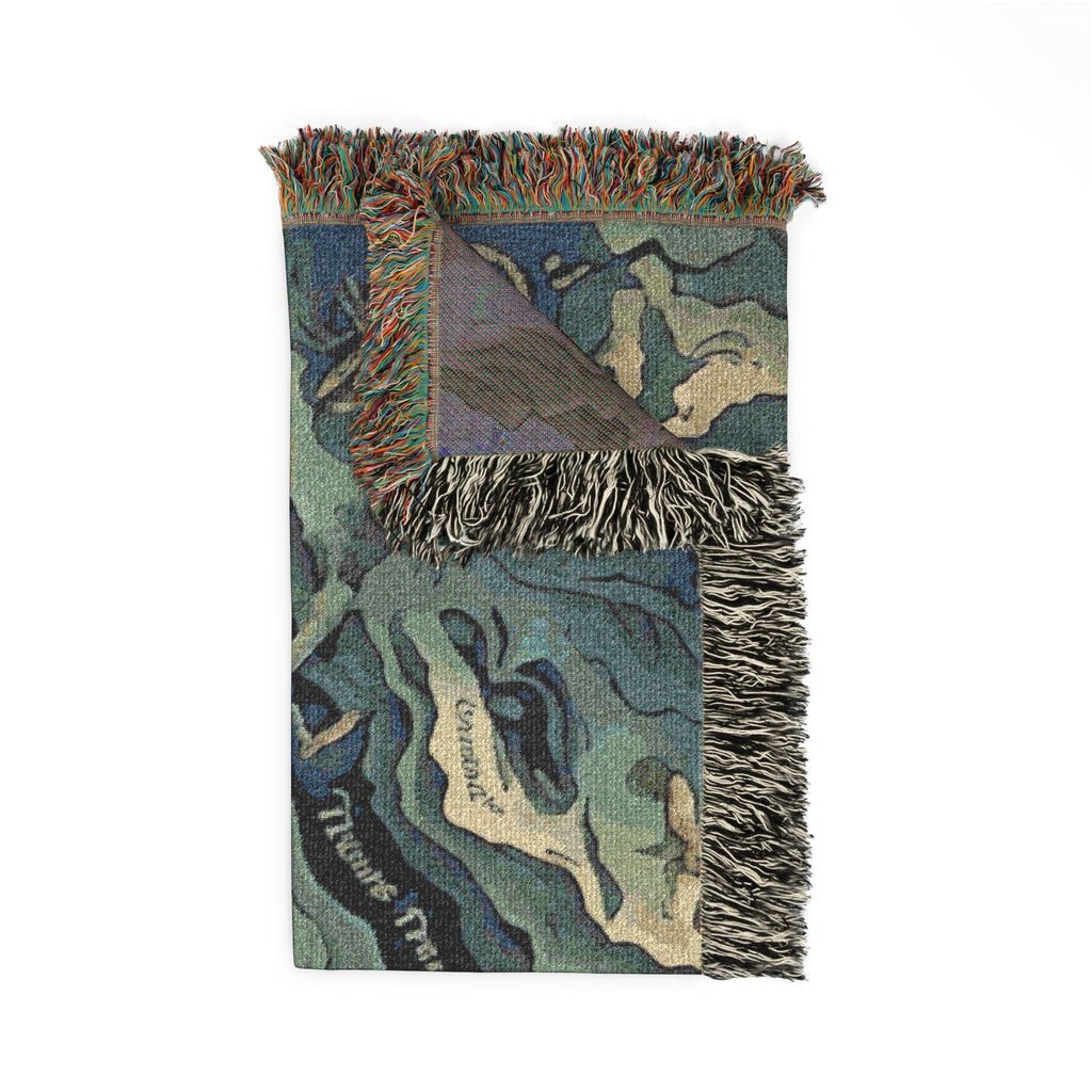 Fantasy Map Woven Blanket | Nautical Compass, Island Landscape Tapestry Throw Deep Sea