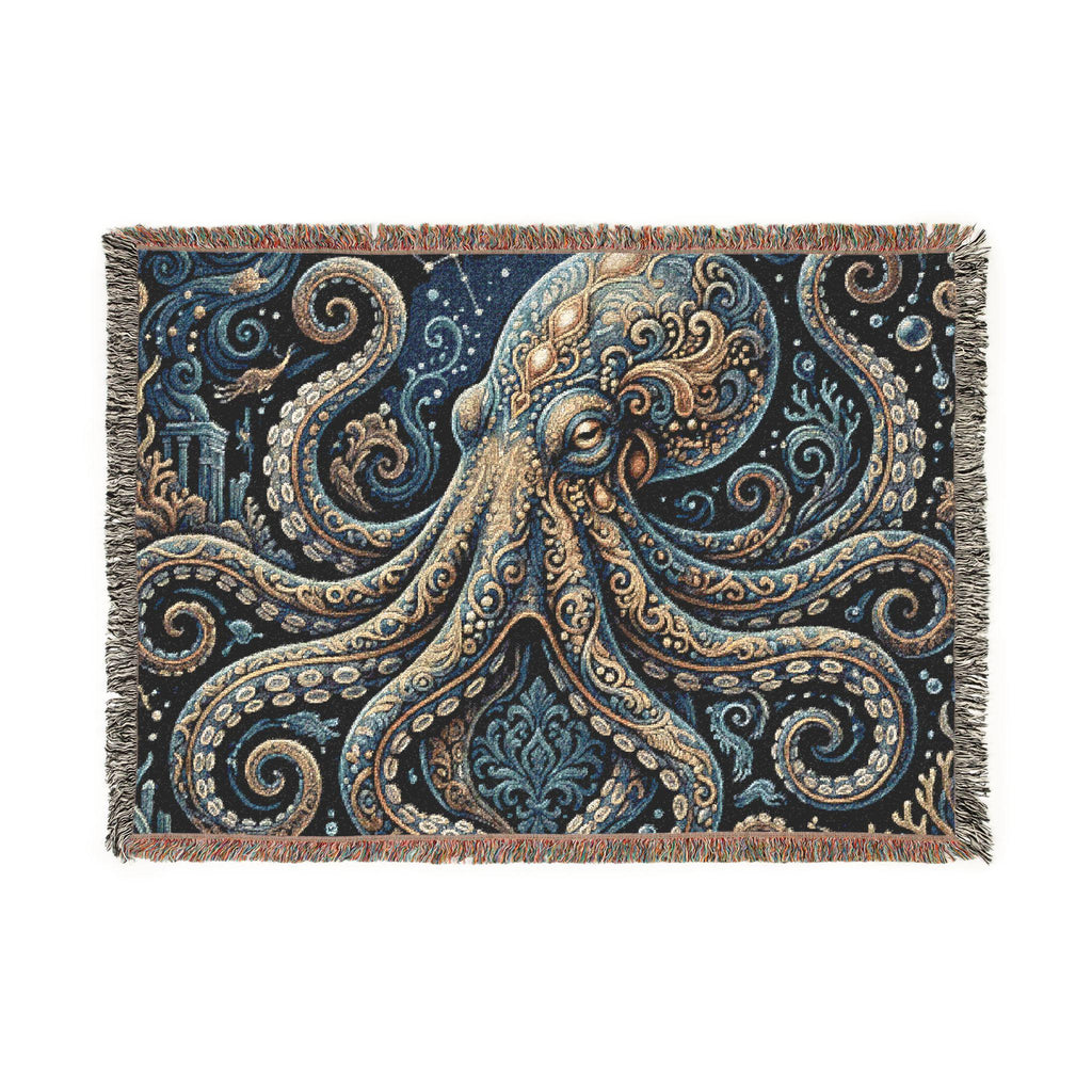 Vintage Octopus Tapestry Woven Blanket | Nautical Sea Creature Throw