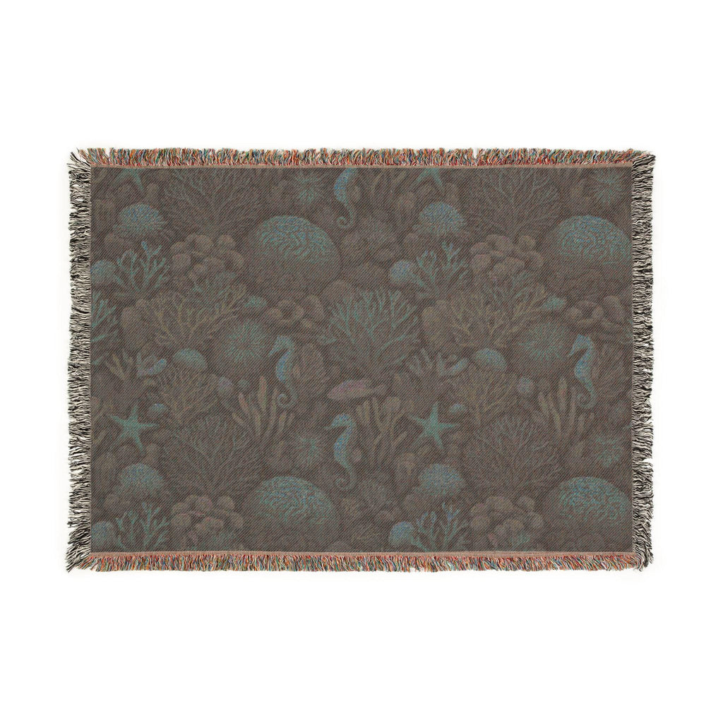 Underwater Coral Reef Woven Blanket | Seahorses, Starfish, Ocean Tapestry Throw