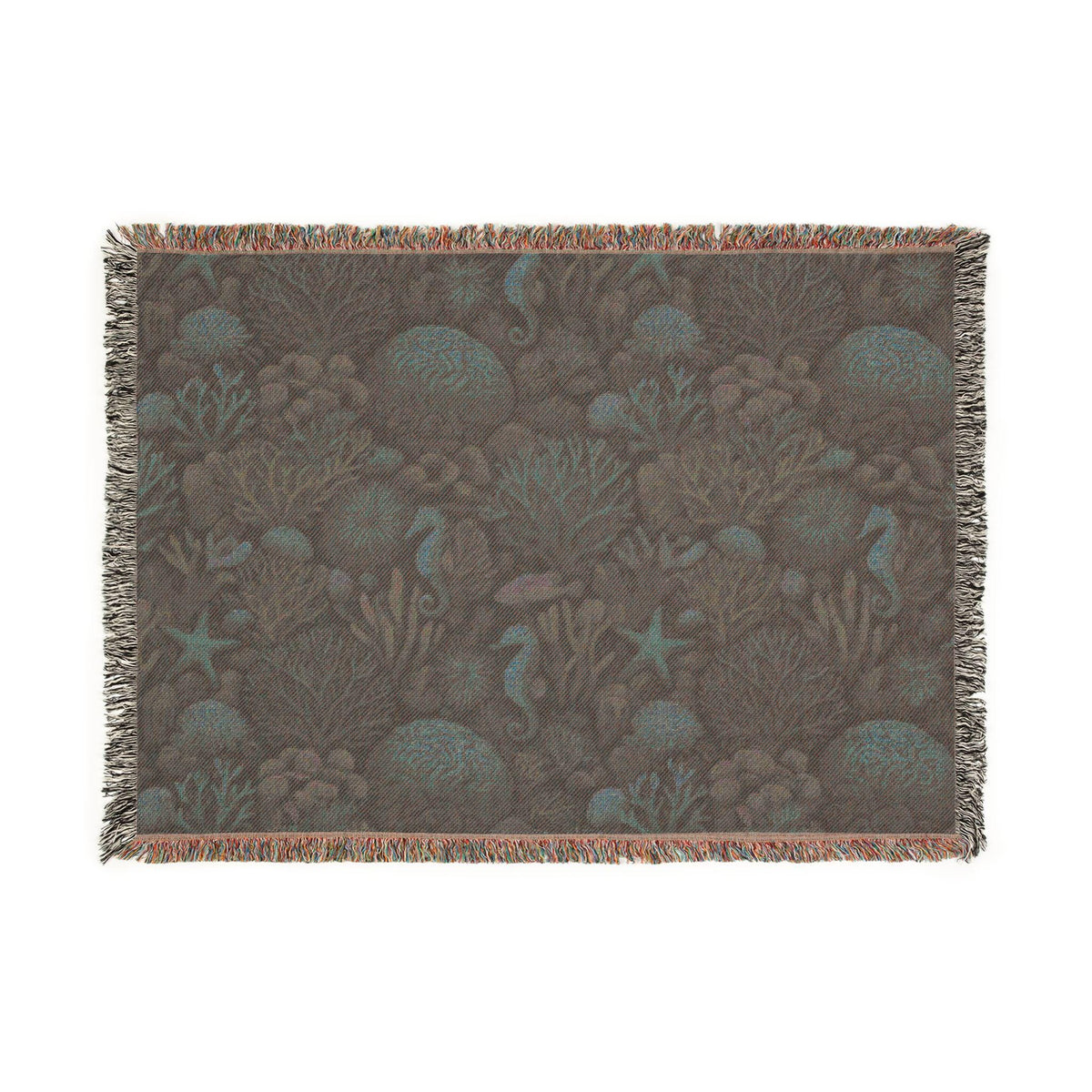 Underwater Coral Reef Woven Blanket | Seahorses, Starfish, Ocean Tapestry Throw