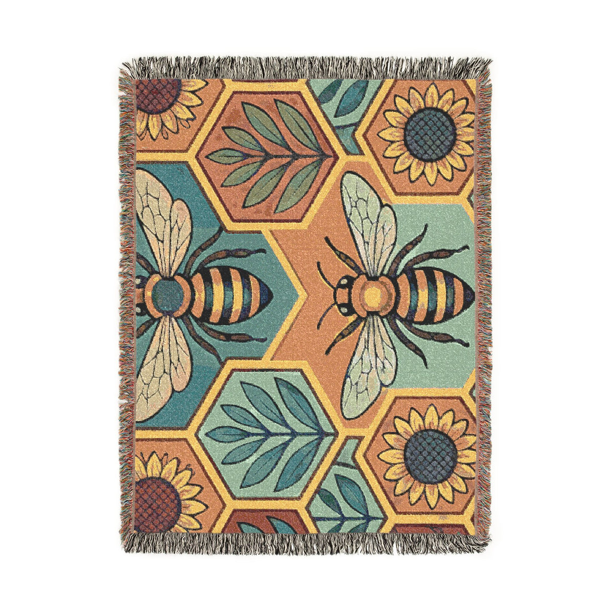 Bee and Sunflower Hexagon Woven Blanket | Honeybee Tapestry Throw