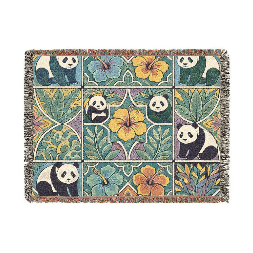 Woven Panda Blanket Throw: 100% Cotton, Colorful Fringe, Animal Wall Art