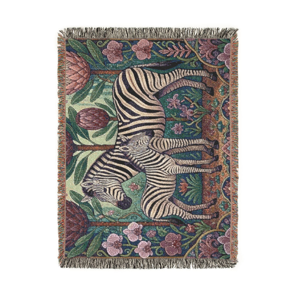 Zebra Mother and Foal Woven Blanket | Floral Tapestry Throw