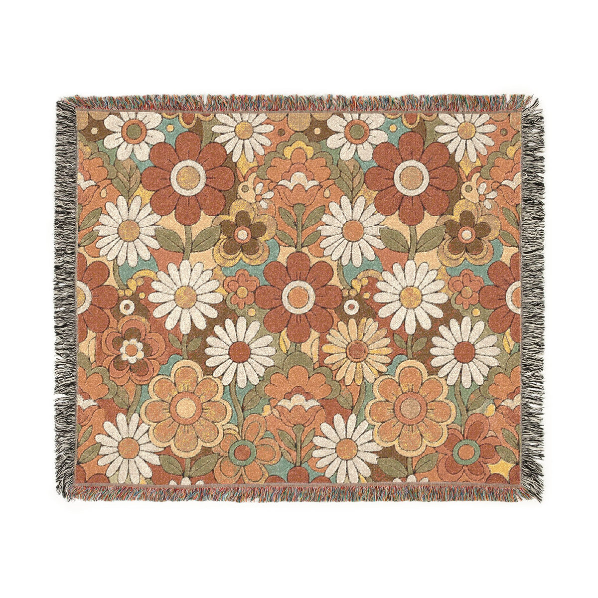 Retro Floral Woven Blanket | Vintage Flower Pattern Throw