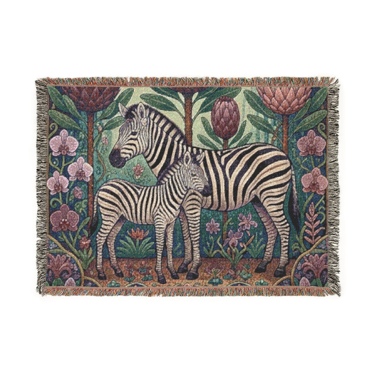 Zebra Mother and Foal Woven Blanket | Floral Tapestry Throw