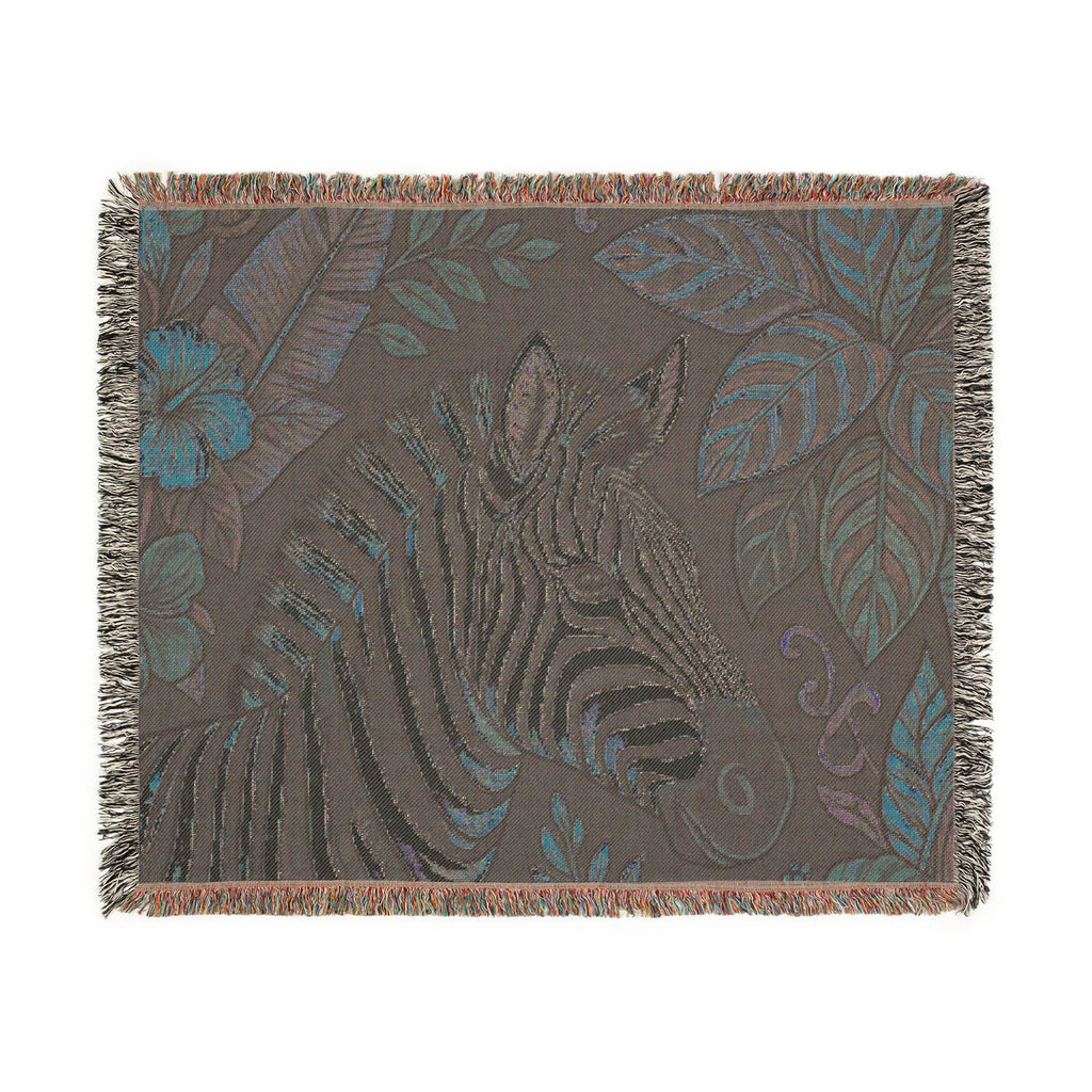Zebra Illustration Woven Blanket | Botanical Leaves Tapestry Throw