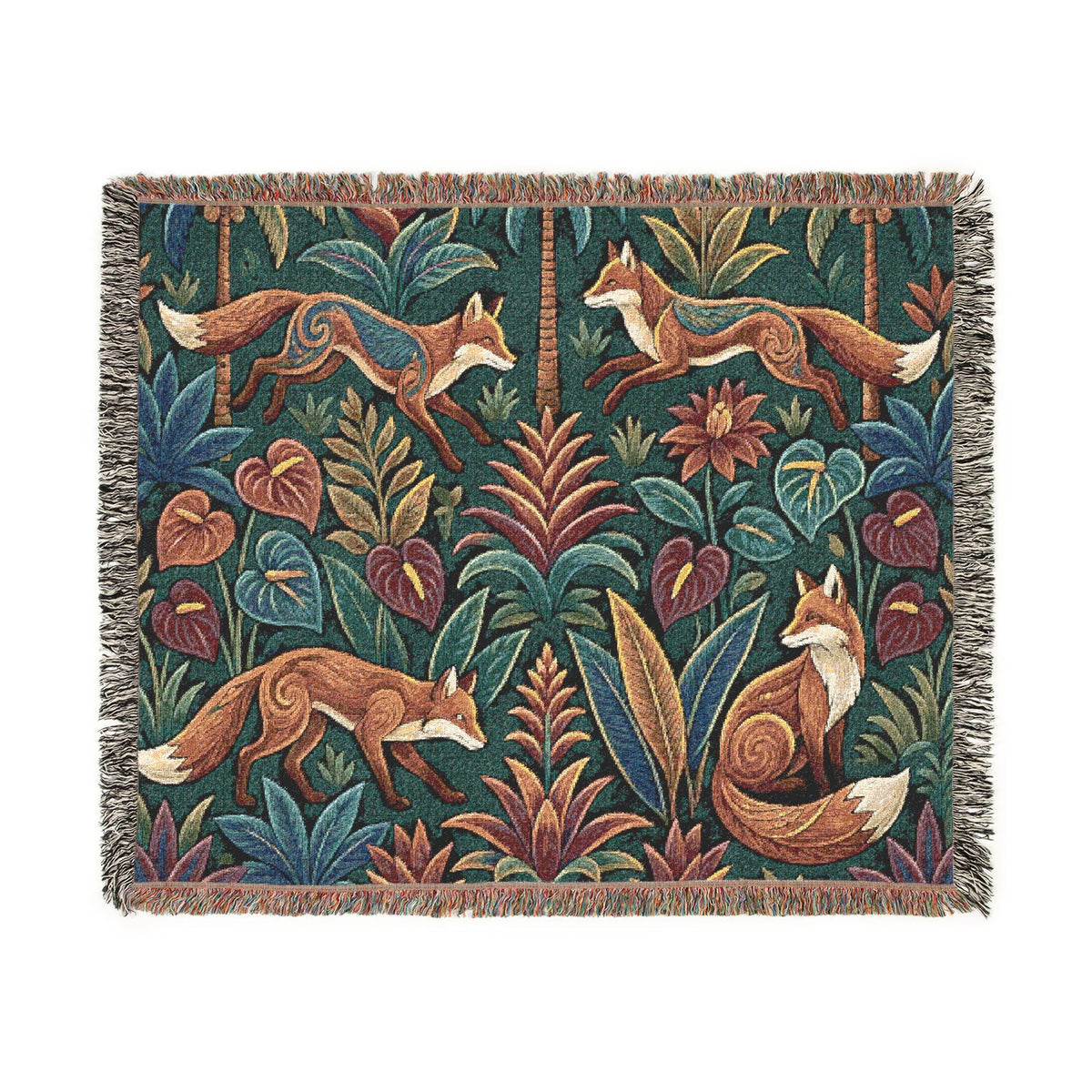 Woodland Foxes Woven Blanket | Tapestry Floral Forest Throw