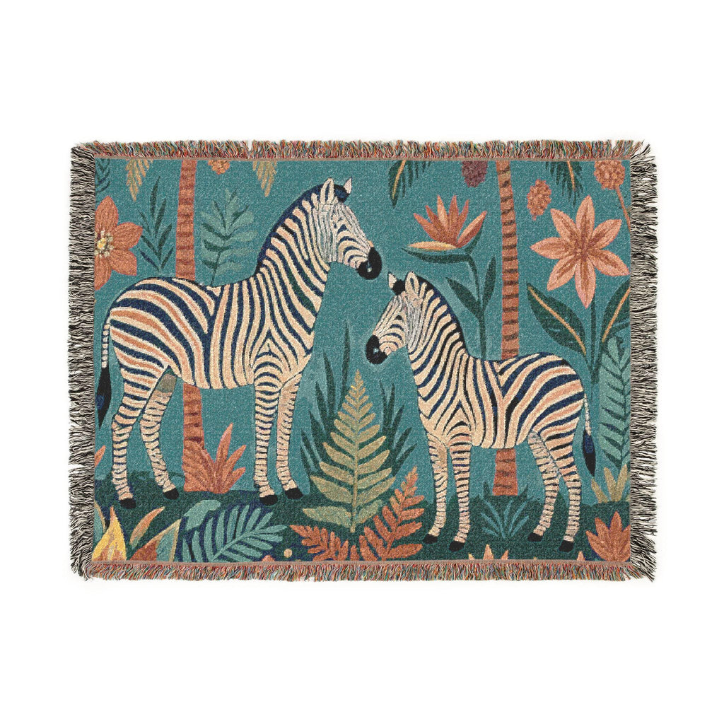 Zebra Jungle Illustration Woven Blanket | Animal Tapestry Throw
