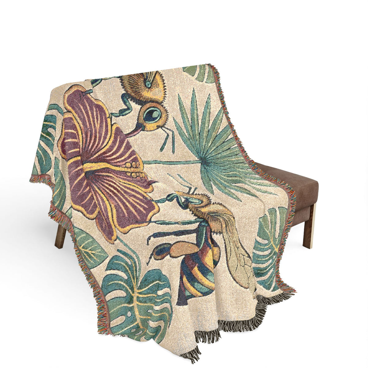 Hibiscus and Bees Woven Blanket | Tropical Floral Throw
