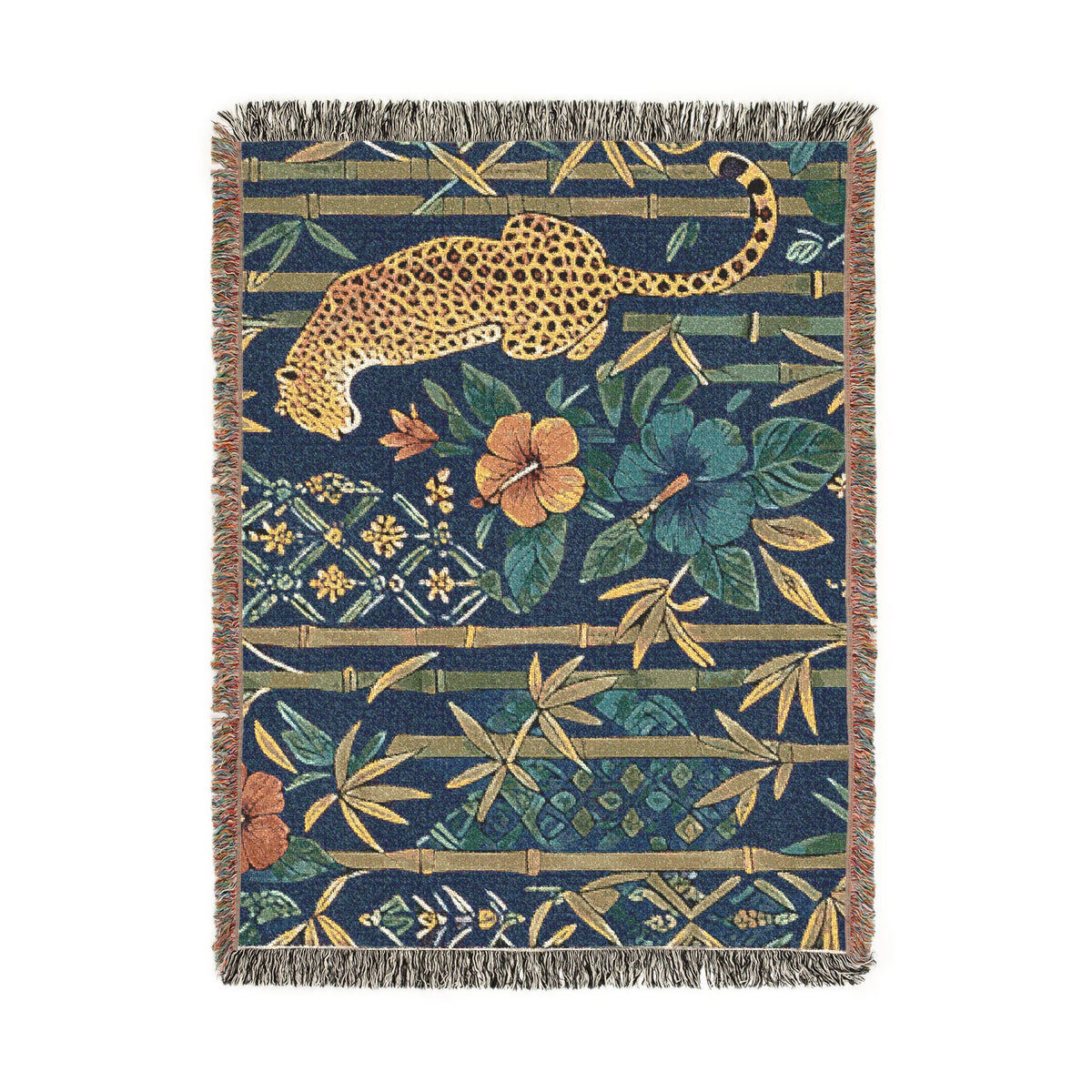 Golden Leopard Floral Woven Blanket | Tropical Bamboo Throw