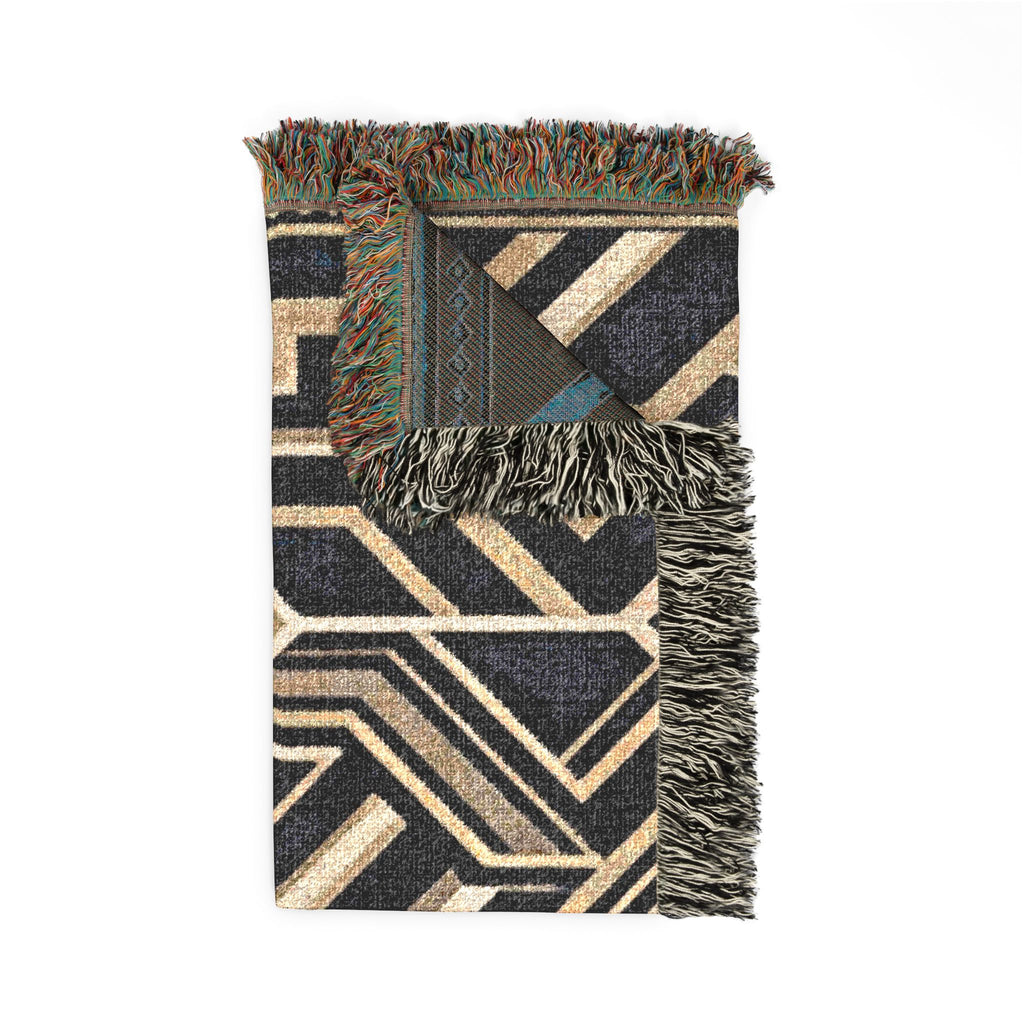 Art Deco Geometric Pattern Woven Blanket | Gold Navy Throw