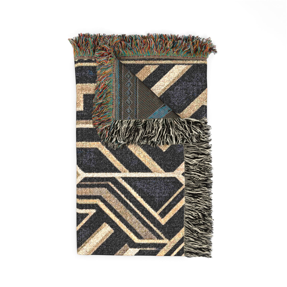 Art Deco Geometric Pattern Woven Blanket | Gold Navy Throw