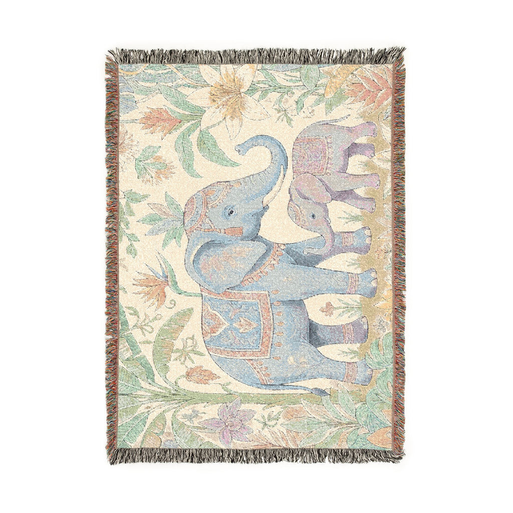 Boho Elephant Family Woven Blanket | Tapestry Throw, Jungle Floral