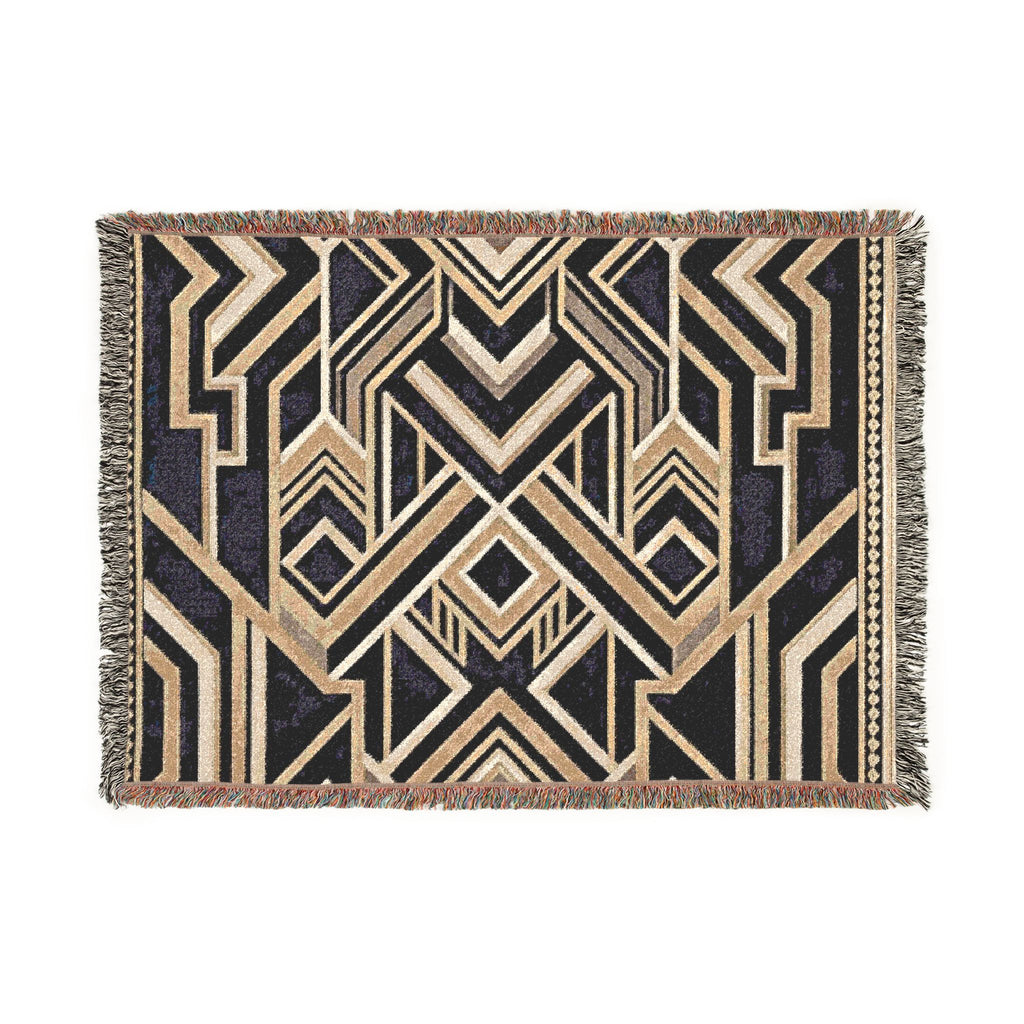 Art Deco Geometric Pattern Woven Blanket | Gold Navy Throw