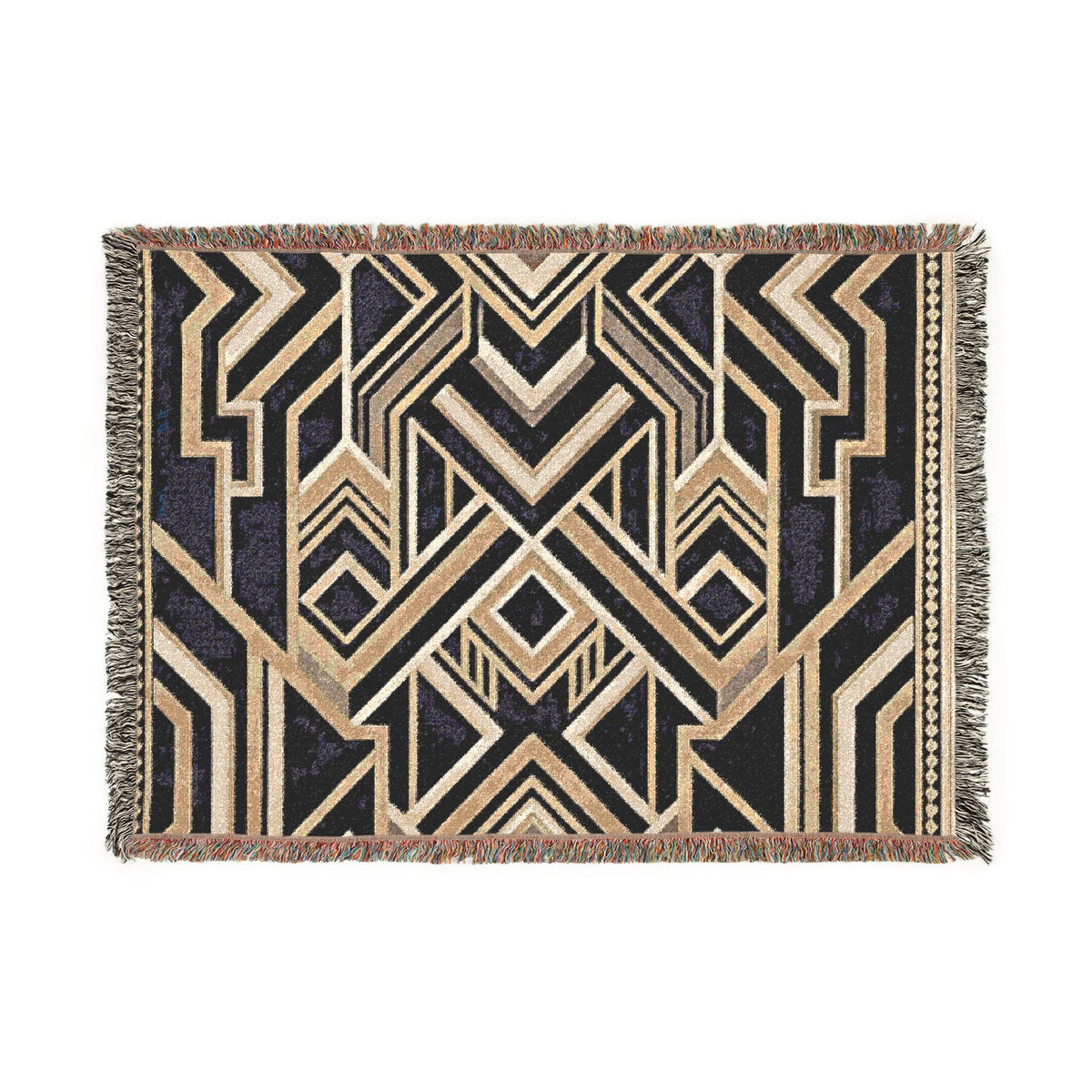 Art Deco Geometric Pattern Woven Blanket | Gold Navy Throw