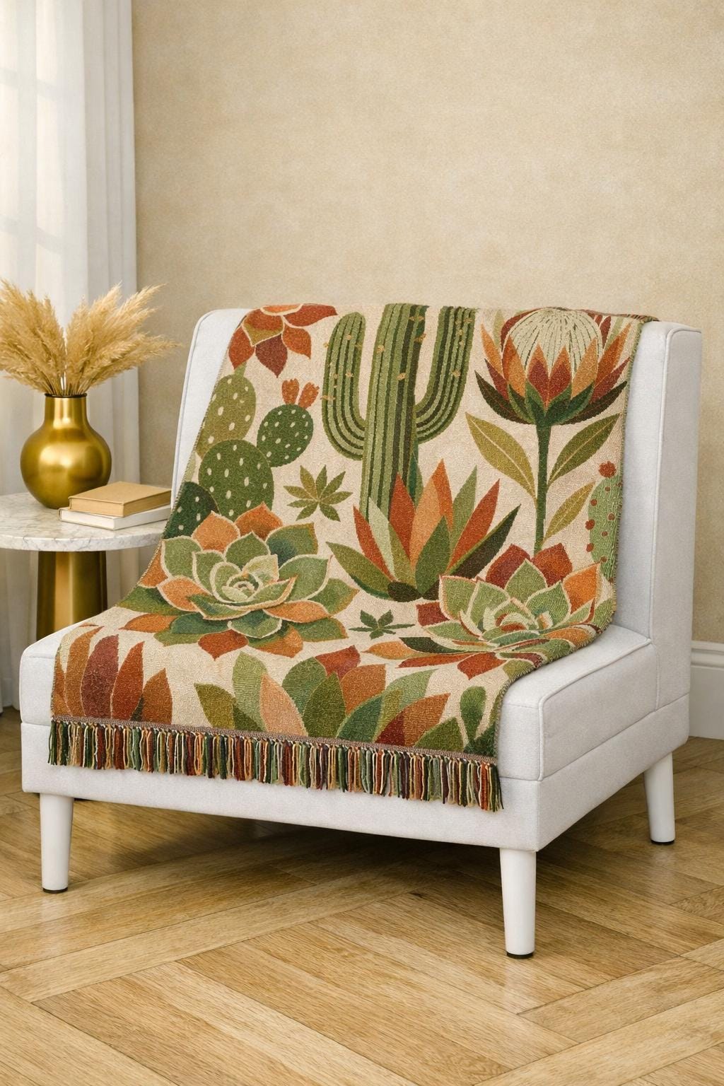 Southwestern Cactus Succulent Woven Blanket, Desert Botanical Throw, 100% Cotton Fabric