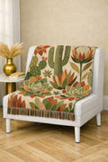 Southwestern Cactus Succulent Woven Blanket, Desert Botanical Throw, 100% Cotton Fabric
