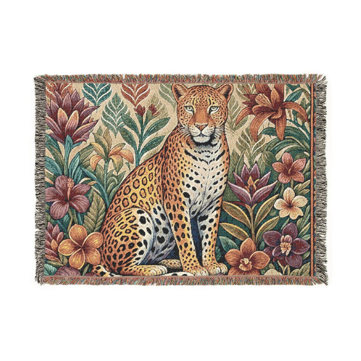 Floral Leopard Woven Blanket | Tapestry Throw, Botanical Animal Design