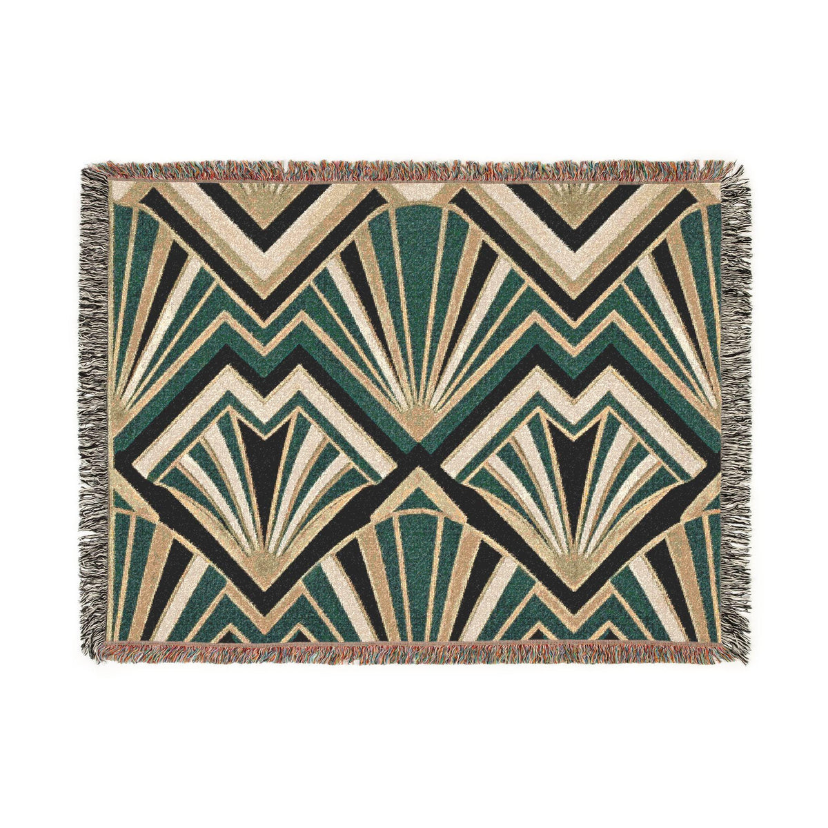 Art Deco Fan Pattern Woven Blanket | Geometric Throw, Retro Chevron Design