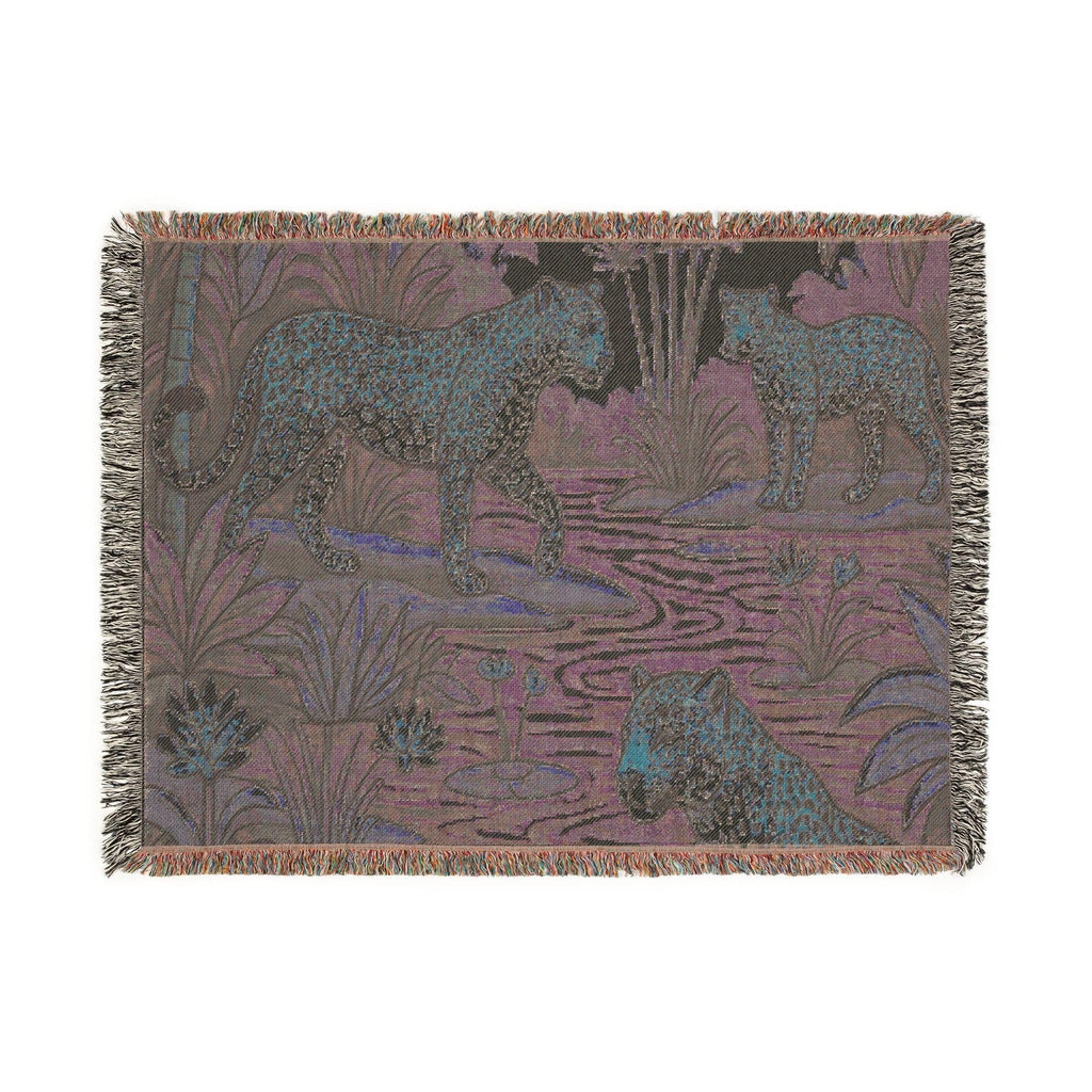 Tropical Leopard Scene Woven Blanket | Jungle Cat Tapestry Throw