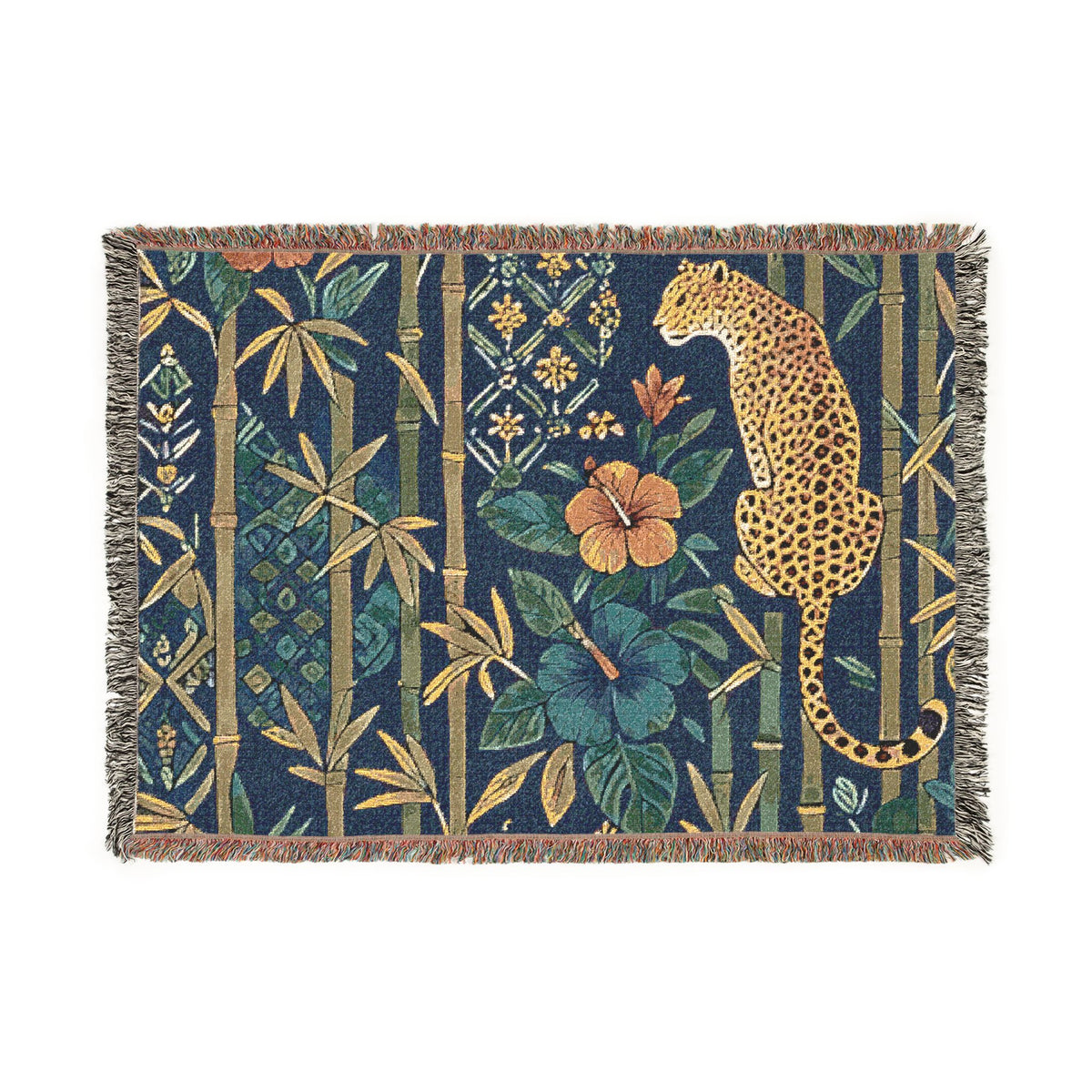 Golden Leopard Floral Woven Blanket | Tropical Bamboo Throw