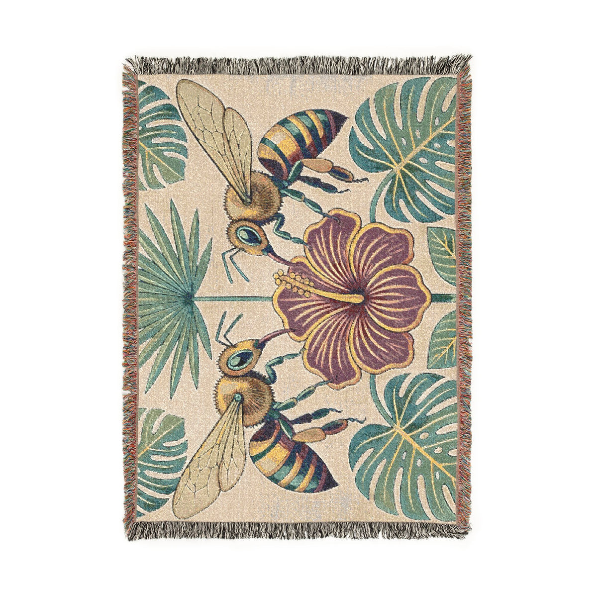 Hibiscus and Bees Woven Blanket | Tropical Floral Throw