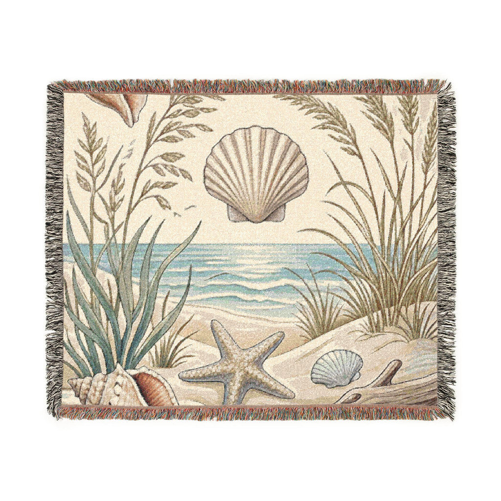Seashell Beach Scene Woven Blanket | Coastal Ocean Tapestry Throw