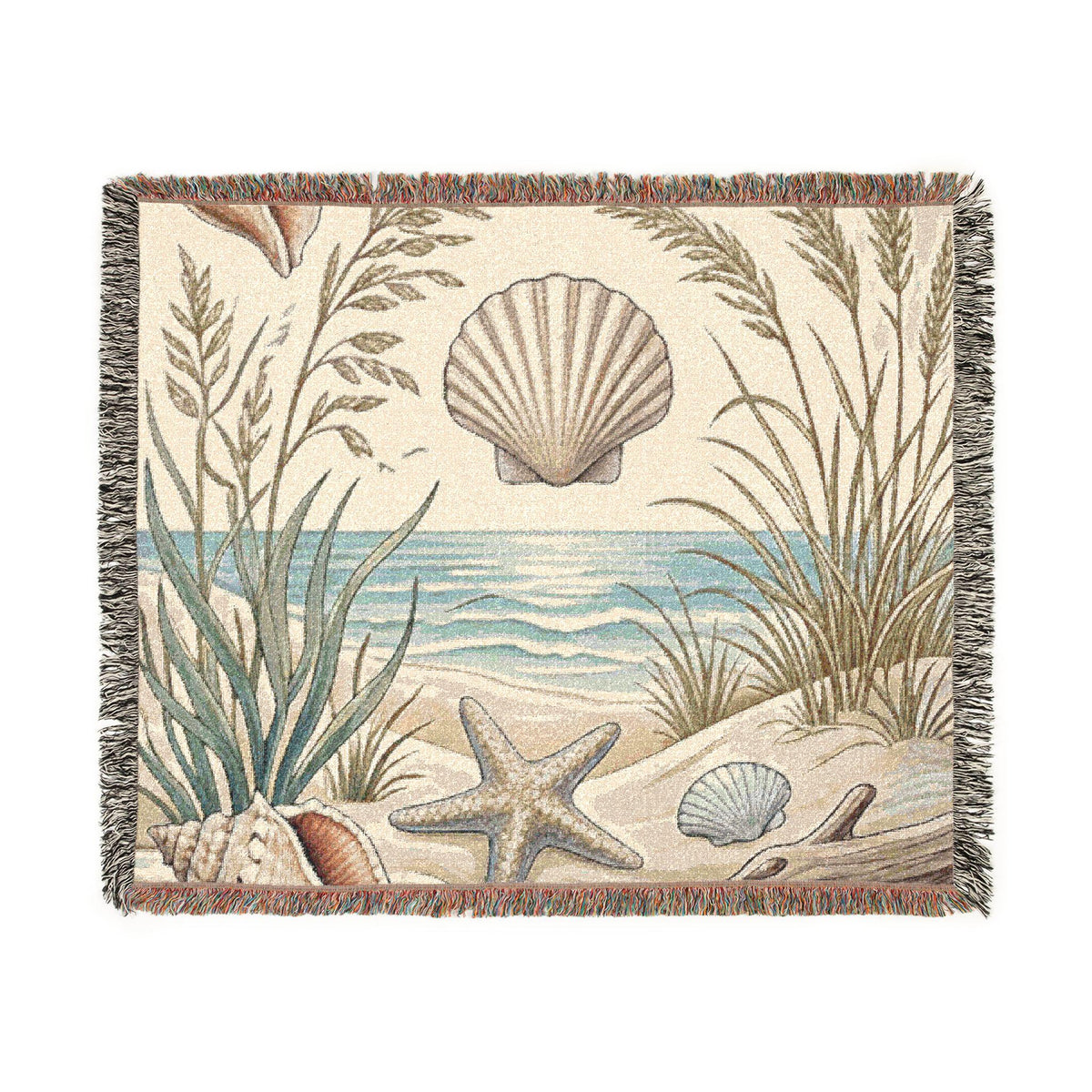Seashell Beach Scene Woven Blanket | Coastal Ocean Tapestry Throw