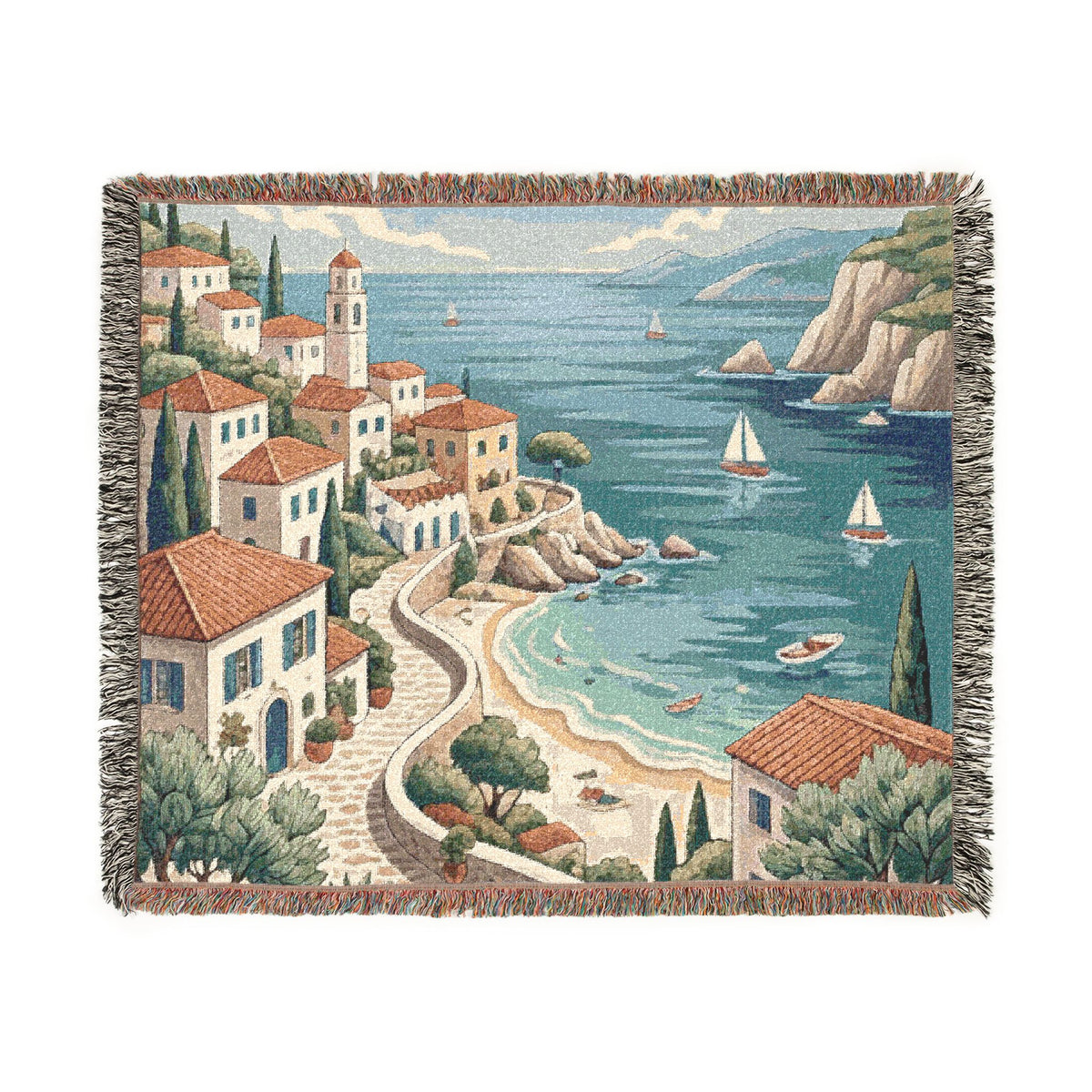 Mediterranean Coastal Village Woven Blanket | Seaside Tapestry Throw