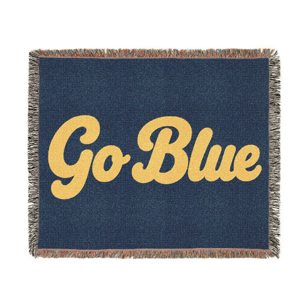 Go Blue script logo Woven Blanket | Collegiate navy and gold throw