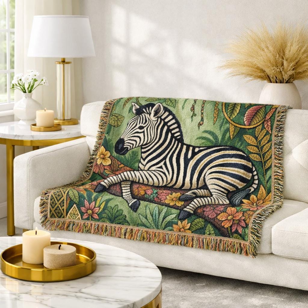 Zebra Tapestry Woven Blanket | Jungle Flora Pattern, Fringe Throw