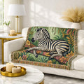 Zebra Tapestry Woven Blanket | Jungle Flora Pattern, Fringe Throw