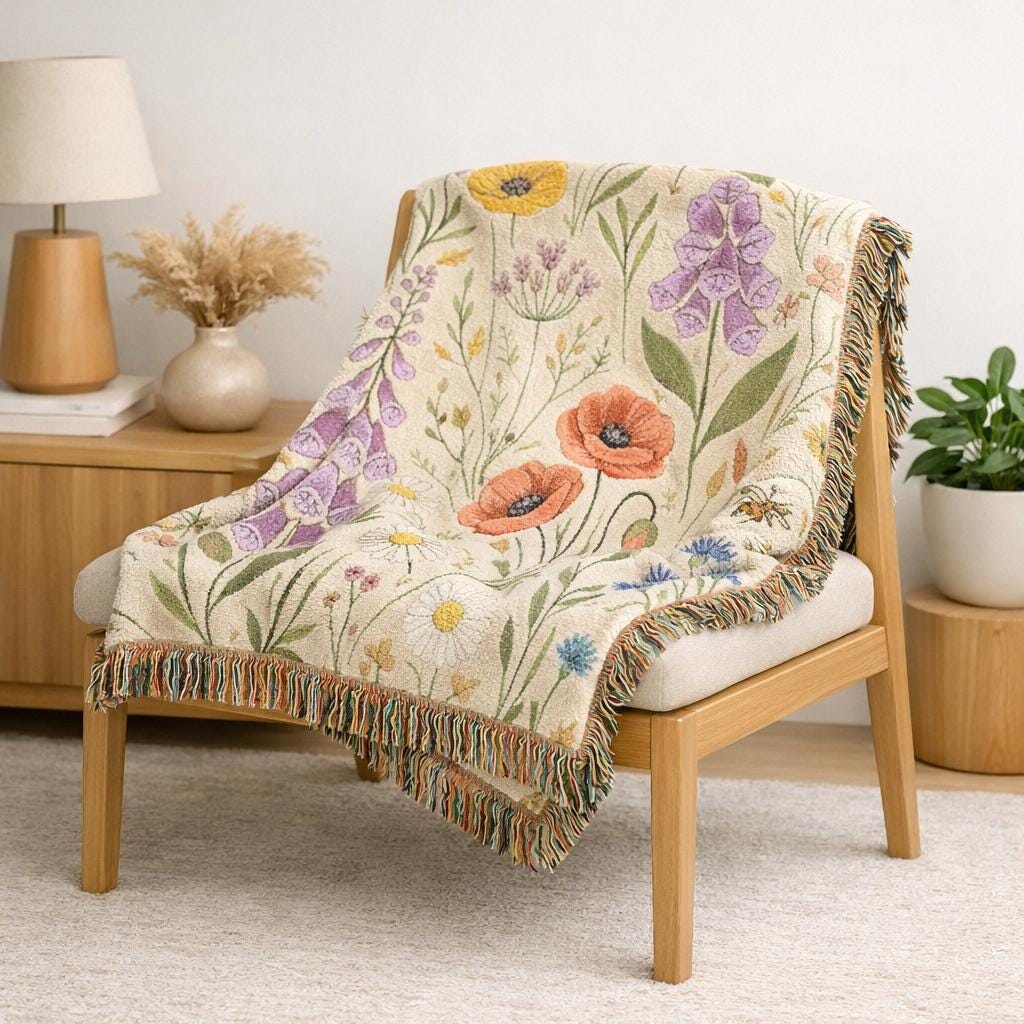 Wildflower Tapestry Woven Blanket | Floral Throw, Boho Home Decor