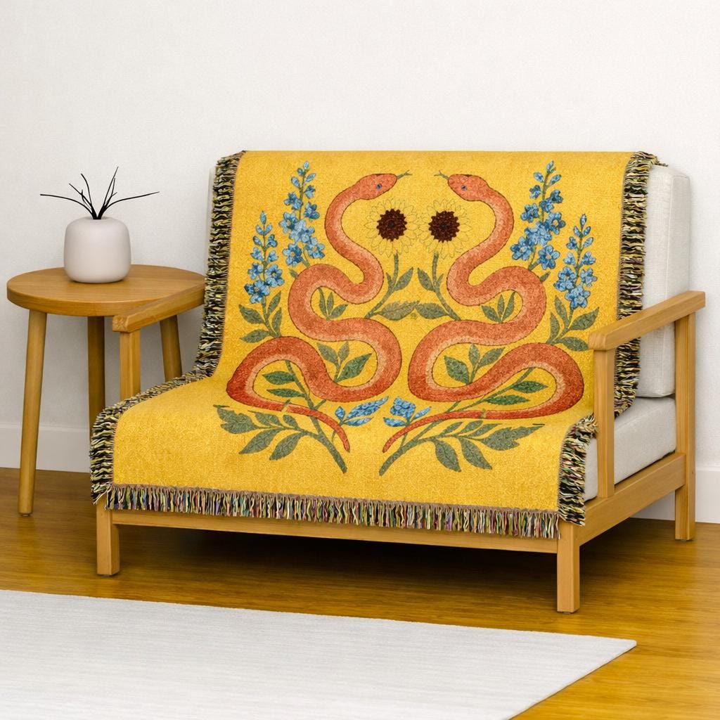 Twin Snakes Floral Woven Blanket | Boho Serpent Tapestry Throw